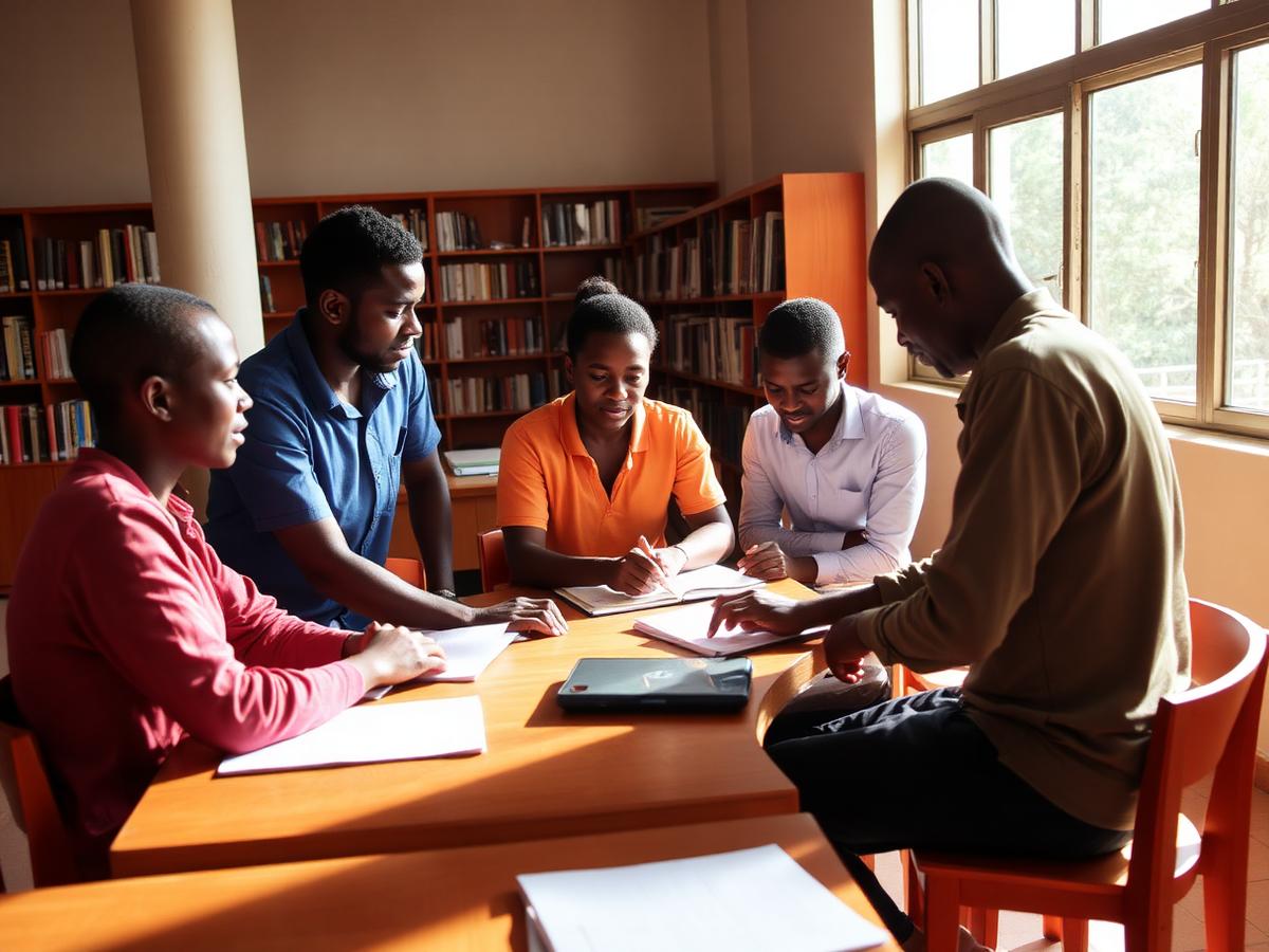 Membres de l'AENAT travaillant ensemble à la bibliothèque universitaire